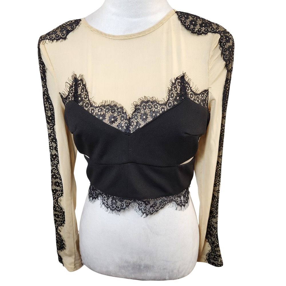 Missguided Sheer Nude & Black Lace‎ Trim Mesh Crop Top Sz 10 Whimsigoth Feminine